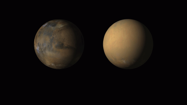 Side-by-side movies shows how dust has enveloped the Red Planet, courtesy of the Mars Color Imager (MARCI) wide-angle camera onboard NASA's Mars Reconnaissance Orbiter (MRO). Image Credit: NASA/JPL-Caltech/MSSS Side-by-side movies shows how dust has enveloped the Red Planet, courtesy of the Mars Color Imager (MARCI) wide-angle camera onboard NASA's Mars Reconnaissance Orbiter (MRO). Image Credit: NASA/JPL-Caltech/MSSS