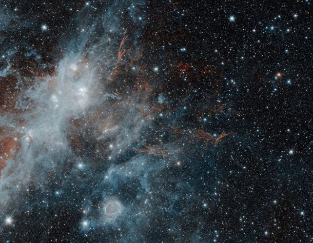 Thin, red veins of energized gas mark the location of the supernova remnant HBH3 in this image from NASA's Spitzer Space Telescope. The puffy, white feature in the image is a portion of the star forming regions W3, W4 and W5. Infrared wavelengths of 3.6 microns have been mapped to blue, and 4.5 microns to red. The white color of the star-forming region is a combination of both wavelengths, while the HBH3 filaments radiate only at the longer 4.5 micron wavelength.Credit: NASA/JPL-Caltech/IPAC Thin, red veins of energized gas mark the location of the supernova remnant HBH3 in this image from NASA's Spitzer Space Telescope. The puffy, white feature in the image is a portion of the star forming regions W3, W4 and W5. Infrared wavelengths of 3.6 microns have been mapped to blue, and 4.5 microns to red. The white color of the star-forming region is a combination of both wavelengths, while the HBH3 filaments radiate only at the longer 4.5 micron wavelength.Credit: NASA/JPL-Caltech/IPAC