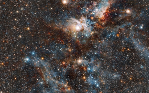 This spectacular image of the Carina nebula reveals the dynamic cloud of interstellar matter and thinly spread gas and dust as never before. The massive stars in the interior of this cosmic bubble emit intense radiation that causes the surrounding gas to glow. By contrast, other regions of the nebula contain dark pillars of dust cloaking newborn stars. Credit: ESO/J. Emerson/M. Irwin/J. Lewis This spectacular image of the Carina nebula reveals the dynamic cloud of interstellar matter and thinly spread gas and dust as never before. The massive stars in the interior of this cosmic bubble emit intense radiation that causes the surrounding gas to glow. By contrast, other regions of the nebula contain dark pillars of dust cloaking newborn stars. Credit: ESO/J. Emerson/M. Irwin/J. Lewis