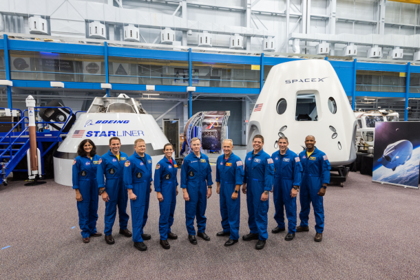 NASA introduced to the world on Aug. 3, 2018, the first U.S. astronauts who will fly on American-made, commercial spacecraft to and from the International Space Station – an endeavor that will return astronaut launches to U.S. soil for the first time since the space shuttle’s retirement in 2011. The agency assigned nine astronauts to crew the first test flight and mission of both Boeing’s CST-100 Starliner and SpaceX’s Crew Dragon. The astronauts are, from left to right: Sunita Williams, Josh Cassada, Eric Boe, Nicole Mann, Christopher Ferguson, Douglas Hurley, Robert Behnken, Michael Hopkins and Victor Glover. Credits: NASA NASA introduced to the world on Aug. 3, 2018, the first U.S. astronauts who will fly on American-made, commercial spacecraft to and from the International Space Station – an endeavor that will return astronaut launches to U.S. soil for the first time since the space shuttle’s retirement in 2011. The agency assigned nine astronauts to crew the first test flight and mission of both Boeing’s CST-100 Starliner and SpaceX’s Crew Dragon. The astronauts are, from left to right: Sunita Williams, Josh Cassada, Eric Boe, Nicole Mann, Christopher Ferguson, Douglas Hurley, Robert Behnken, Michael Hopkins and Victor Glover. Credits: NASA