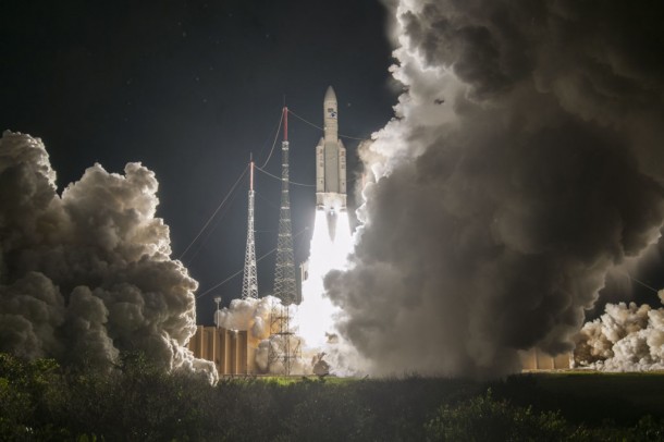 Ariane 5 ascends from the Spaceport’s ELA-3 launch zone on its 100th flight, carrying a dual payload of the Horizons 3e and Azerspace-2/Intelsat 38 telecommunications satellites. Ariane 5 ascends from the Spaceport’s ELA-3 launch zone on its 100th flight, carrying a dual payload of the Horizons 3e and Azerspace-2/Intelsat 38 telecommunications satellites.
