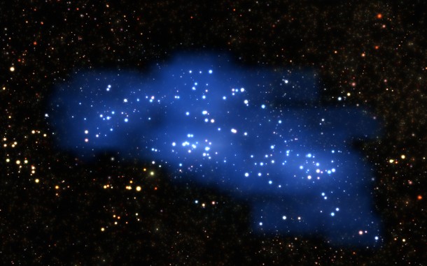 An international team of astronomers using the VIMOS instrument of ESO’s Very Large Telescope have uncovered a colossal structure in the early Universe. This galaxy proto-supercluster — which they nickname Hyperion — was unveiled by new measurements and a complex examination of archive data. This is the largest and most massive structure yet found at such a remote time and distance — merely 2 billion years after the Big Bang. This visualization shows Hyperion and is based on real data. Credit: ESO/L. Calçada & Olga Cucciati et al. An international team of astronomers using the VIMOS instrument of ESO’s Very Large Telescope have uncovered a colossal structure in the early Universe. This galaxy proto-supercluster — which they nickname Hyperion — was unveiled by new measurements and a complex examination of archive data. This is the largest and most massive structure yet found at such a remote time and distance — merely 2 billion years after the Big Bang. This visualization shows Hyperion and is based on real data. Credit: ESO/L. Calçada & Olga Cucciati et al.