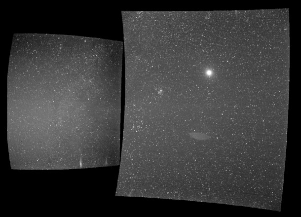 The view from Parker Solar Probe's WISPR instrument on Sept. 25, 2018, shows Earth, the bright sphere near the middle of the right-hand panel. The elongated mark toward the bottom of the panel is a lens reflection from the WISPR instrument. Credits: NASA/Naval Research Laboratory/Parker Solar Probe The view from Parker Solar Probe's WISPR instrument on Sept. 25, 2018, shows Earth, the bright sphere near the middle of the right-hand panel. The elongated mark toward the bottom of the panel is a lens reflection from the WISPR instrument. Credits: NASA/Naval Research Laboratory/Parker Solar Probe