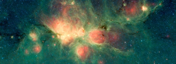 The Cat's Paw Nebula, imaged here by NASA's Spitzer Space Telescope using the MIPS and IRAC instruments, is a star-forming region that lies inside the Milky Way Galaxy. New stars may heat up the surrounding gas, which can expand to form "bubbles." Image Credit: NASA/JPL-Caltech The Cat's Paw Nebula, imaged here by NASA's Spitzer Space Telescope using the MIPS and IRAC instruments, is a star-forming region that lies inside the Milky Way Galaxy. New stars may heat up the surrounding gas, which can expand to form "bubbles." Image Credit: NASA/JPL-Caltech