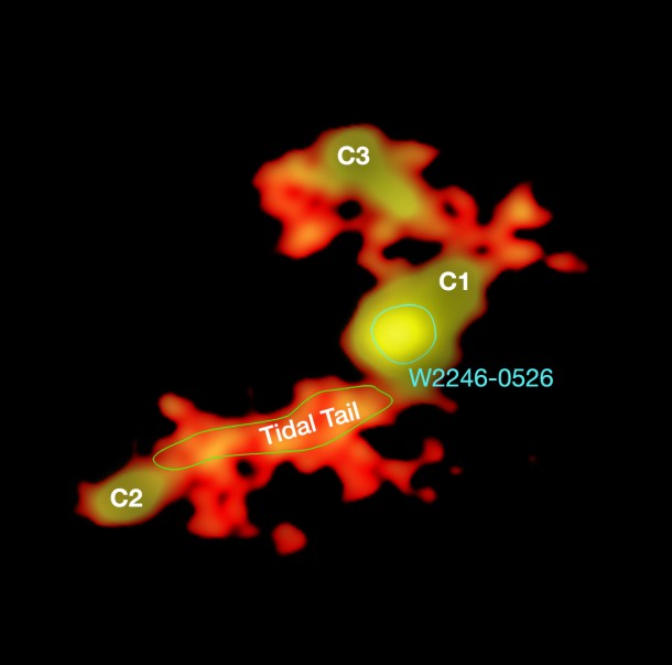 This annotated image made using radio data from the Atacama Large Millimeter/submillimeter Array (ALMA) shows how W2246-0526 is being fed by three companion galaxies (C1, C2, and C3). A large tidal tail connects C2 with the main galaxy; dust bridges connect the other two galaxies to W2246-0526. Image Credit: T. Diaz-Santos et al.; N. Lira; ALMA (ESO/NAOJ/NRAO) This annotated image made using radio data from the Atacama Large Millimeter/submillimeter Array (ALMA) shows how W2246-0526 is being fed by three companion galaxies (C1, C2, and C3). A large tidal tail connects C2 with the main galaxy; dust bridges connect the other two galaxies to W2246-0526. Image Credit: T. Diaz-Santos et al.; N. Lira; ALMA (ESO/NAOJ/NRAO)