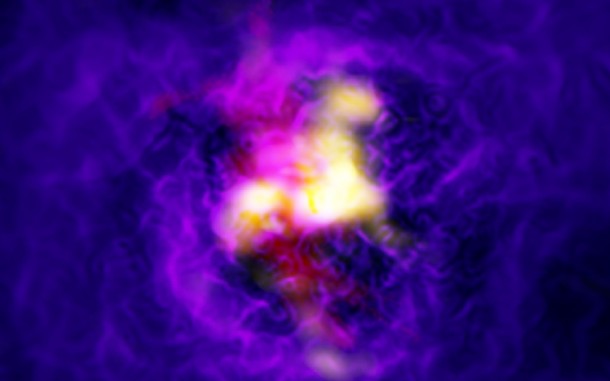 Composite image of the Abell 2597 galaxy cluster showing the fountain-like flow of gas powered by the supermassive black hole in the central galaxy. The yellow is ALMA data showing cold gas. The red is data from the MUSE instrument on ESO’s Very Large Telescope showing the hot hydrogen gas in the same region. The blue-purple is the extended hot, ionized gas as imaged by the Chandra X-ray Observatory. Credit: ALMA (ESO/NAOJ/NRAO), Tremblay et al.; NRAO/AUI/NSF, B. Saxton; NASA/Chandra; ESO/VLT Composite image of the Abell 2597 galaxy cluster showing the fountain-like flow of gas powered by the supermassive black hole in the central galaxy. The yellow is ALMA data showing cold gas. The red is data from the MUSE instrument on ESO’s Very Large Telescope showing the hot hydrogen gas in the same region. The blue-purple is the extended hot, ionized gas as imaged by the Chandra X-ray Observatory. Credit: ALMA (ESO/NAOJ/NRAO), Tremblay et al.; NRAO/AUI/NSF, B. Saxton; NASA/Chandra; ESO/VLT