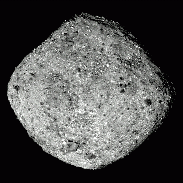 This series of images taken by the OSIRIS-REx spacecraft shows Bennu in one full rotation from a distance of around 50 miles (80 km). The spacecraft’s PolyCam camera obtained the thirty-six 2.2-millisecond frames over a period of four hours and 18 minutes. Credits: NASA's Goddard Space Flight Center/University of Arizona This series of images taken by the OSIRIS-REx spacecraft shows Bennu in one full rotation from a distance of around 50 miles (80 km). The spacecraft’s PolyCam camera obtained the thirty-six 2.2-millisecond frames over a period of four hours and 18 minutes. Credits: NASA's Goddard Space Flight Center/University of Arizona