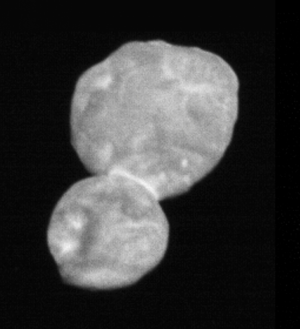 This image taken by the Long-Range Reconnaissance Imager (LORRI) is the most detailed of Ultima Thule returned so far by the New Horizons spacecraft. It was taken at 5:01 Universal Time on January 1, 2019, just 30 minutes before closest approach from a range of 18,000 miles (28,000 kilometers), with an original scale of 459 feet (140 meters) per pixel. Credit: NASA/Johns Hopkins University Applied Physics Laboratory/Southwest Research Institute This image taken by the Long-Range Reconnaissance Imager (LORRI) is the most detailed of Ultima Thule returned so far by the New Horizons spacecraft. It was taken at 5:01 Universal Time on January 1, 2019, just 30 minutes before closest approach from a range of 18,000 miles (28,000 kilometers), with an original scale of 459 feet (140 meters) per pixel. Credit: NASA/Johns Hopkins University Applied Physics Laboratory/Southwest Research Institute