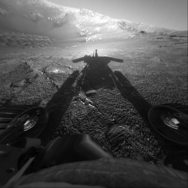 The dramatic image of NASA's Mars Exploration Rover Opportunity's shadow was taken on sol 180 (July 26, 2004), by the rover's front hazard-avoidance camera as the rover moved farther into Endurance Crater in the Meridiani Planum region of Mars. Credit: NASA/JPL-Caltech. was taken on sol 180 (July 26, 2004), by the rover's front hazard-avoidance camera as the rover moved farther into Endurance Crater in the Meridiani Planum region of Mars. Credit: NASA/JPL-Caltech. The dramatic image of NASA's Mars Exploration Rover Opportunity's shadow was taken on sol 180 (July 26, 2004), by the rover's front hazard-avoidance camera as the rover moved farther into Endurance Crater in the Meridiani Planum region of Mars. Credit: NASA/JPL-Caltech. was taken on sol 180 (July 26, 2004), by the rover's front hazard-avoidance camera as the rover moved farther into Endurance Crater in the Meridiani Planum region of Mars. Credit: NASA/JPL-Caltech.